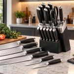 15pc iMarku stainless steel knife set with black and silver block on kitchen counter