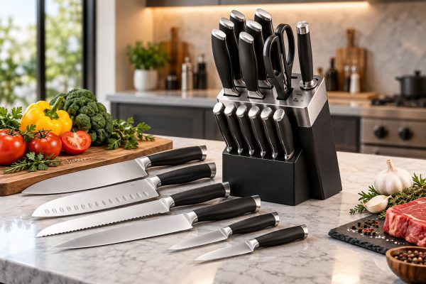 15pc iMarku stainless steel knife set with black and silver block on kitchen counter