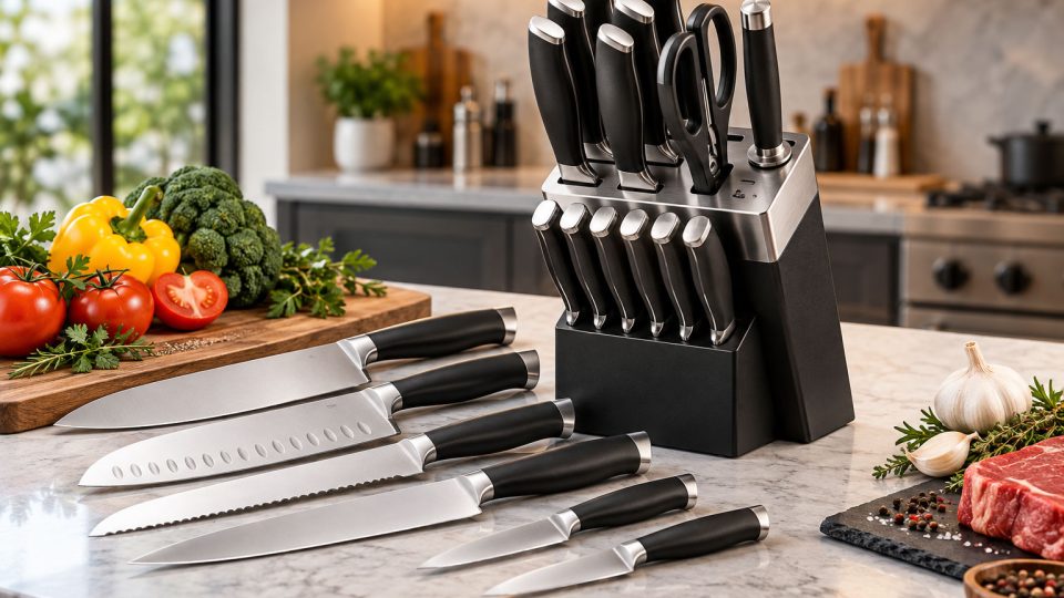 15pc iMarku stainless steel knife set with black and silver block on kitchen counter