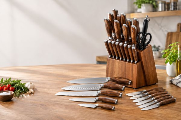 16-piece Japanese knife set with wooden block, assorted kitchen knives, scissors, and accessories on a wooden countertop in a modern kitchen.