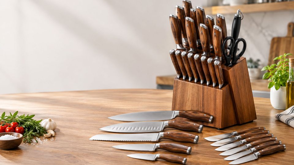 16-piece Japanese knife set with wooden block, assorted kitchen knives, scissors, and accessories on a wooden countertop in a modern kitchen.